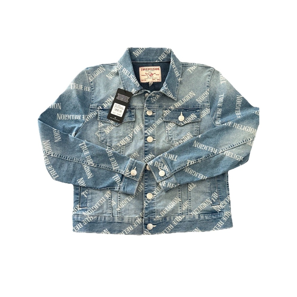 NWT True Religion‎ Women Light Wash Blue Allover Logo Trucker Jacket Sz Large